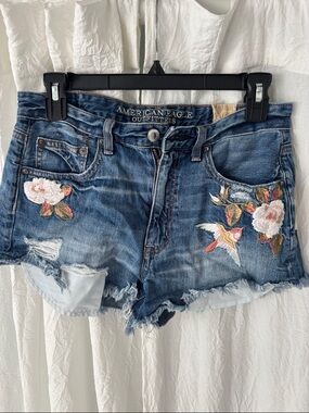 Vintage American Eagle Outfitters Blue Embroidered Floral & Bird Denim Shorts